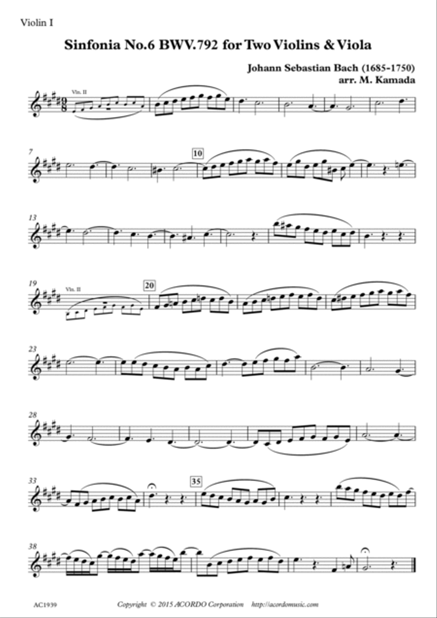 Sinfonia No.6 BWV.792 for Two Violins & Viola String Duet scores gallery preview page 3