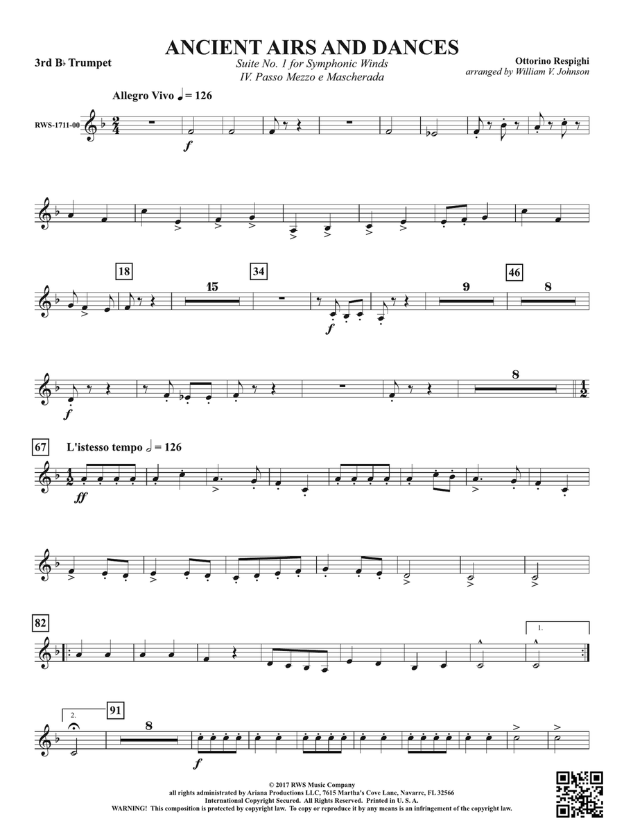 Ancient Airs and Dances - Suite No. 1 for Symphonic Winds - IV. Passo Mezzo e Mascherada: 3rd B-flat Trumpet B-Flat Trumpet scores gallery preview page 1