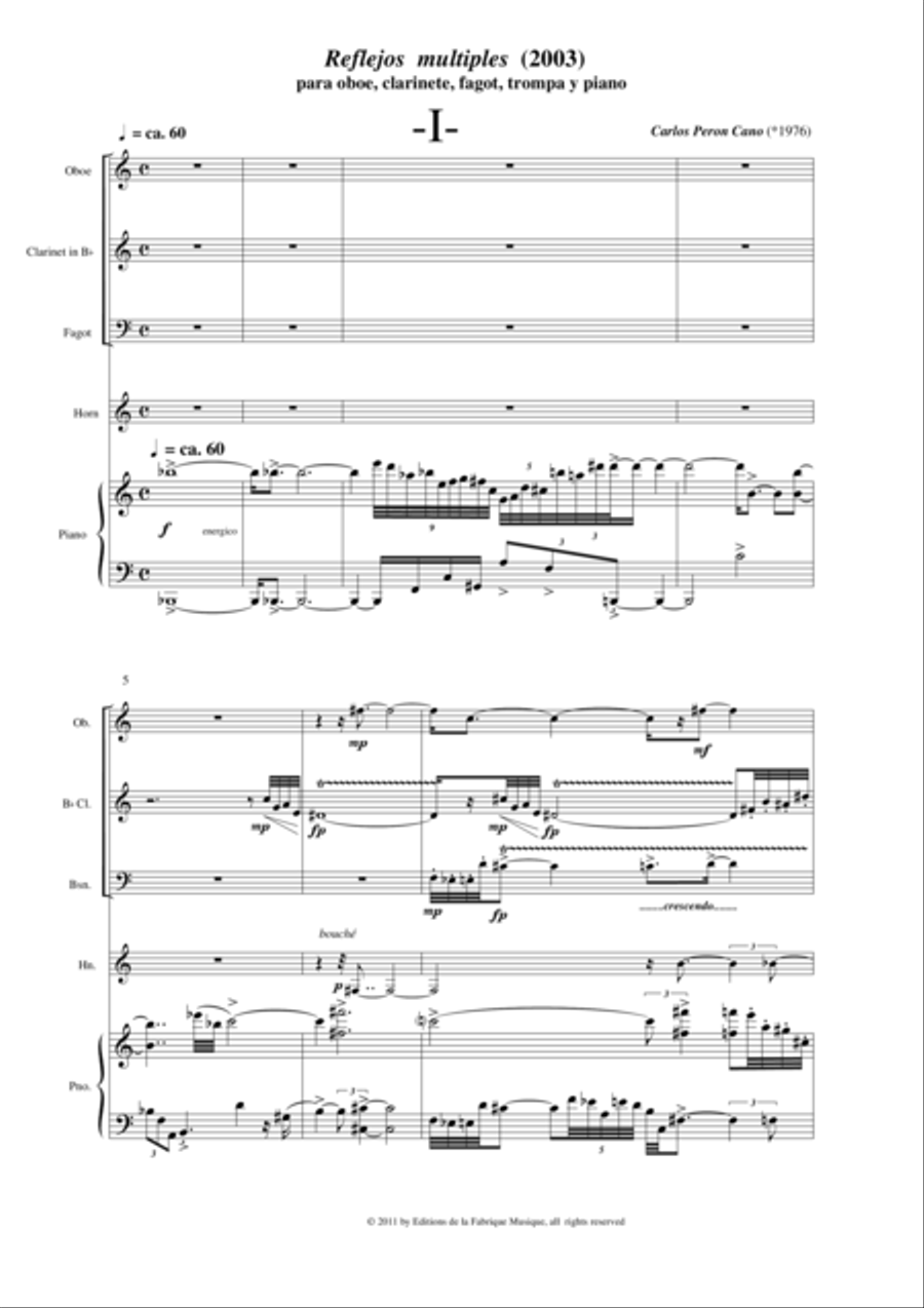 Carlos Perón Cano: Reflejos multiples (2003) for oboe, Bb clarinet, bassoon, horn and piano Woodwind Quartet scores gallery preview page 2