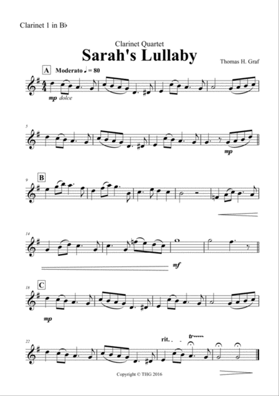 Sarah's Lullaby - Grade 2 - Clarinet Quartet