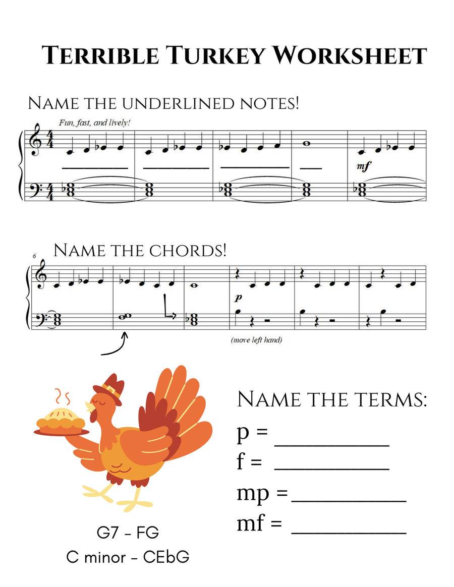 The Terrible Turkey (Song, Sheet Music, and Theory Sheet) Piano Method scores gallery preview page 1