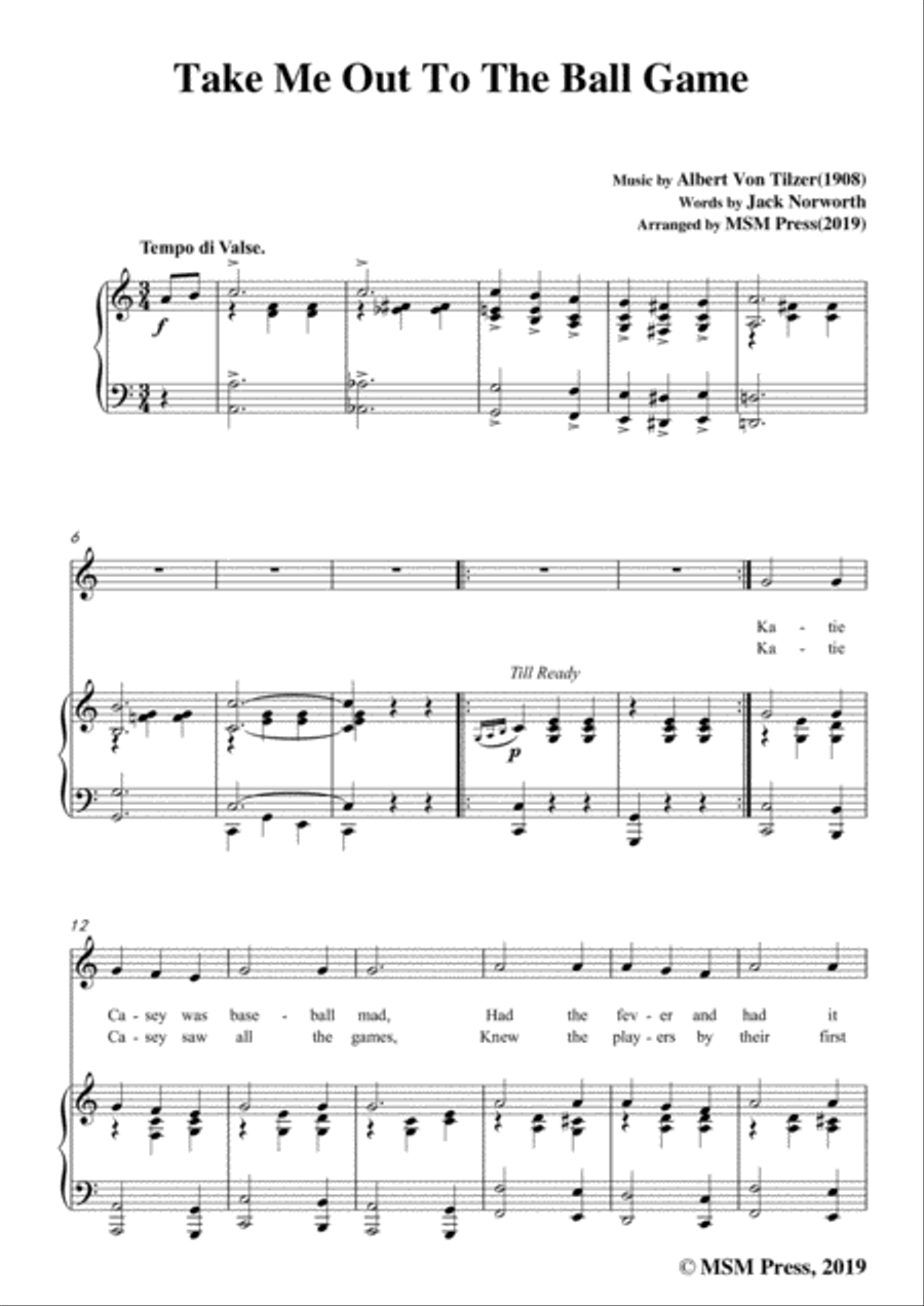 Albert Von Tilzer-Take Me Out To The Ball Game,in C Major,for Voice&Piano Voice scores gallery preview page 3