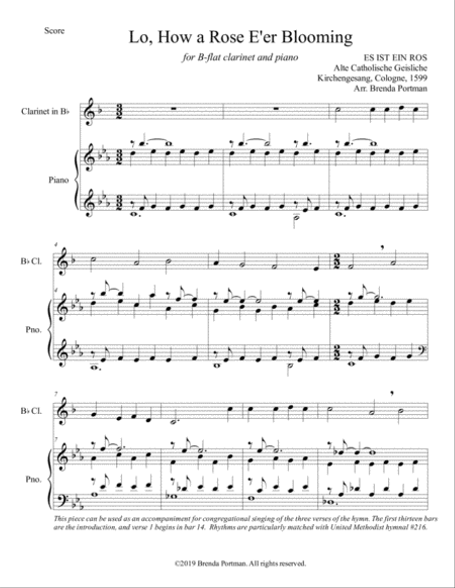 Lo, How a Rose E'er Blooming (clarinet/piano), arr. Brenda Portman Clarinet Solo scores gallery preview page 1
