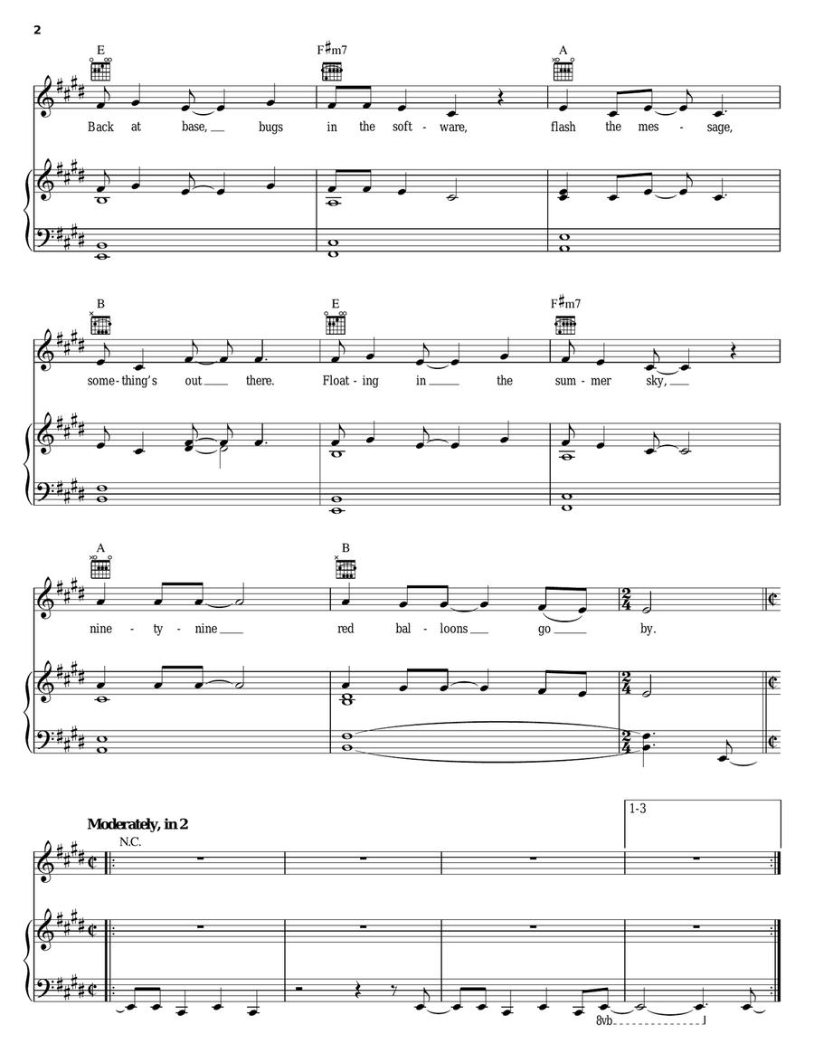 99 Red Balloons (99 Luftballons) Piano, Vocal, Guitar scores gallery preview page 2