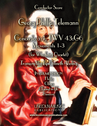 Book cover for Telemann - Concerto à 4, TWV 43:G6 (for Woodwind Quartet with optional Organ)
