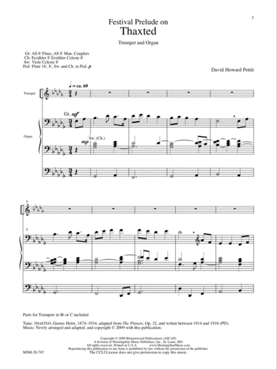 Festival Prelude on Thaxted for Trumpet and Organ Flugelhorn scores gallery preview page 2