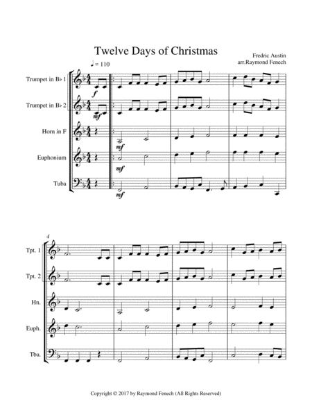 Twelve Days of Christmas - Christmas Sing along (For Brass Quintet - 2 Trumpets, Horn, Euphonium and image number null