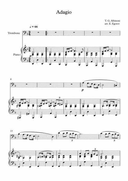 Adagio (In G Minor), Tomaso Giovanni Albinoni, For Trombone & Piano image number null