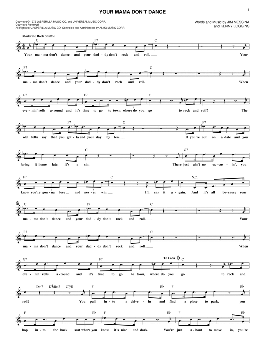 Your Mama Don't Dance Piano scores gallery preview page 1