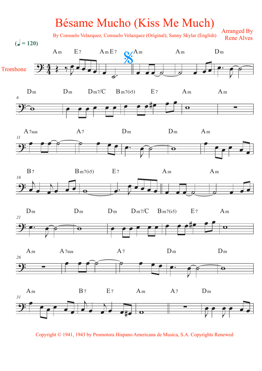 Bésame Mucho (Kiss Me Much) Trombone Solo scores gallery preview page 1