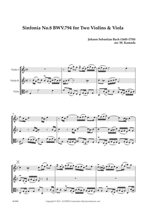 Book cover for Sinfonia No.8 BWV.794 for Two Violins & Viola