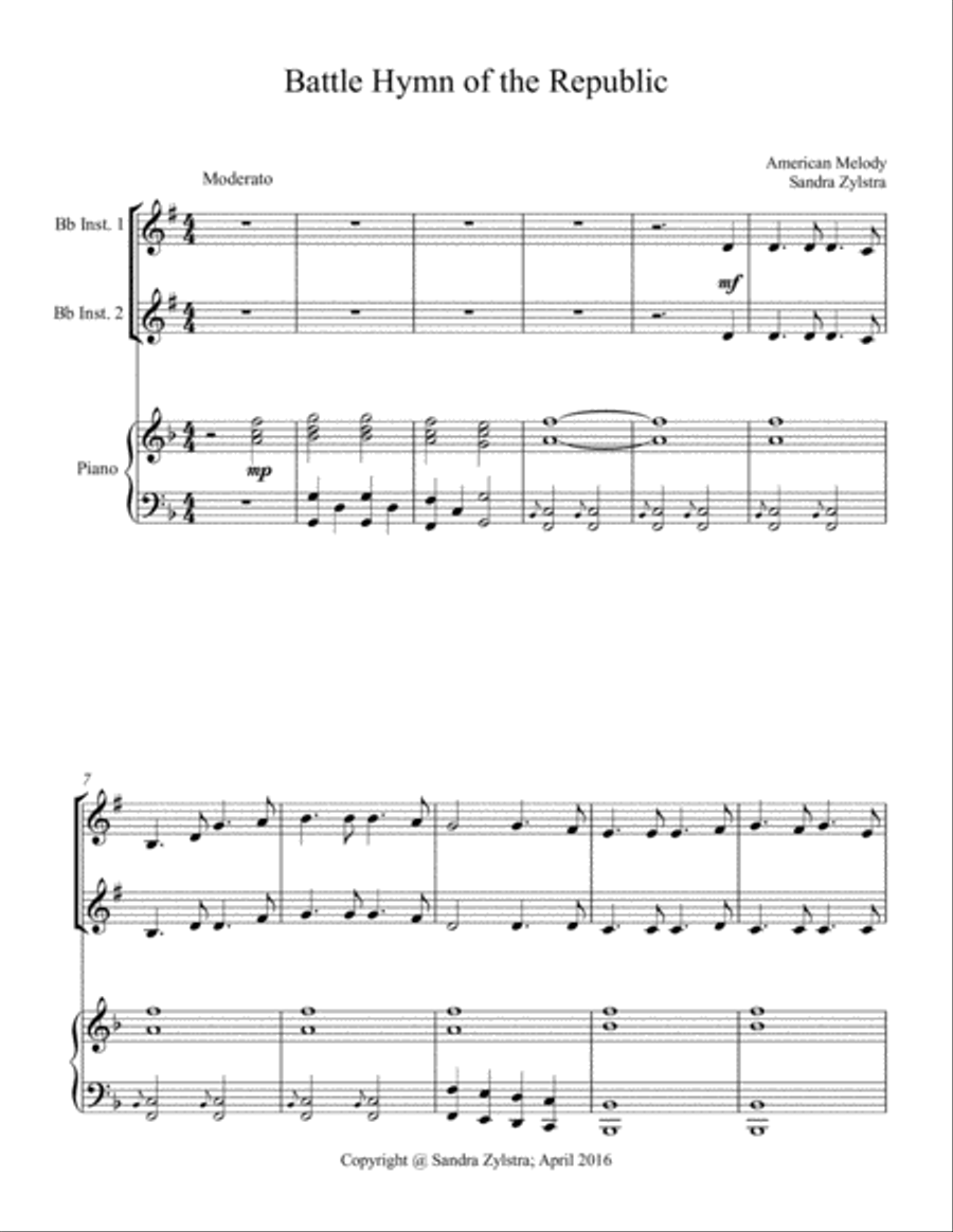Battle Hymn of the Republic (treble Bb instrument duet) Piano scores gallery preview page 2