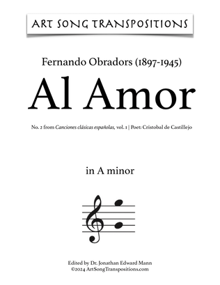 Book cover for OBRADORS: Al Amor (transposed to A minor)