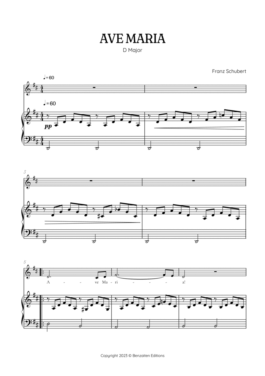 Schubert Ave Maria in D Major [ D ] • alto voice sheet music with easy piano accompaniment image number null
