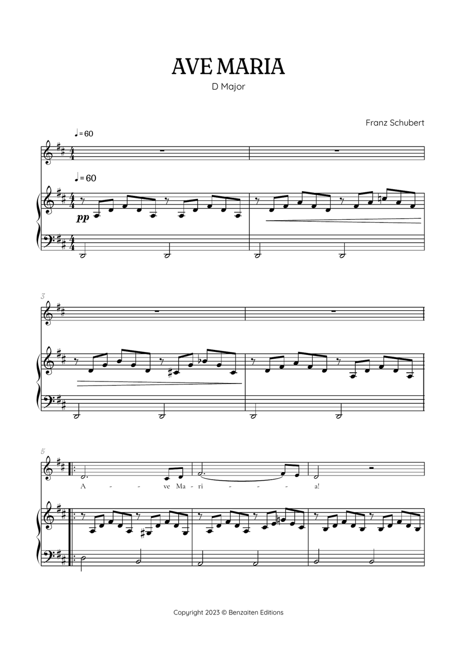 Schubert Ave Maria in D Major [ D ] • alto voice sheet music with easy piano accompaniment Piano, Vocal scores gallery preview page 1