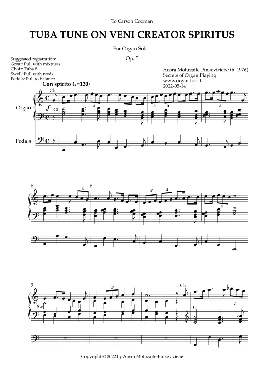 Tuba Tune on Veni Creator Spiritus, Op. 5 (Organ Solo) by Ausra Motuzaite-Pinkeviciene Tuba scores gallery preview page 1