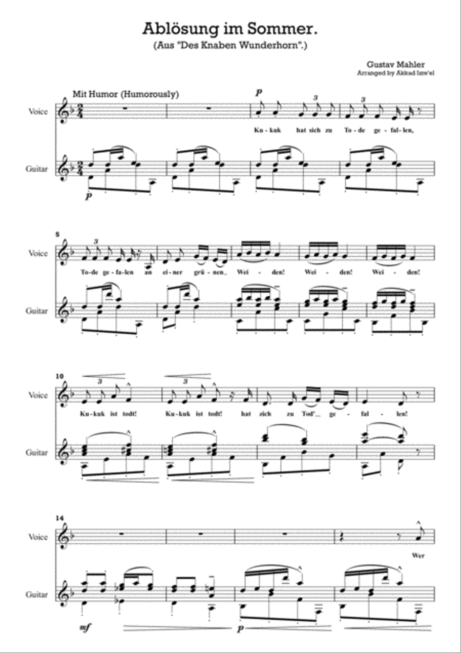 Ablösung in Sommer - Mahler - Guitar arrangement Small Ensemble scores gallery preview page 1
