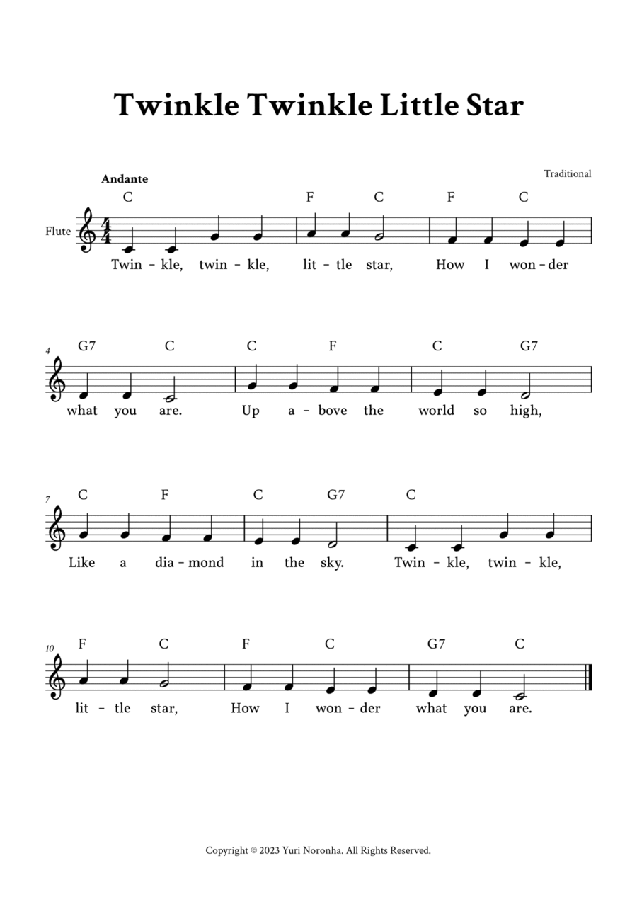 Twinkle Twinkle Little Star - Easy Flute (C Major with Lyrics) Flute Solo scores gallery preview page 1