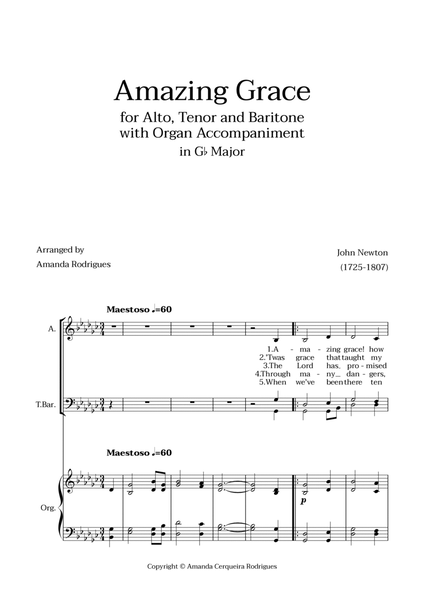 Amazing Grace in Gb Major - Alto, Tenor and Baritone with Organ Accompaniment image number null