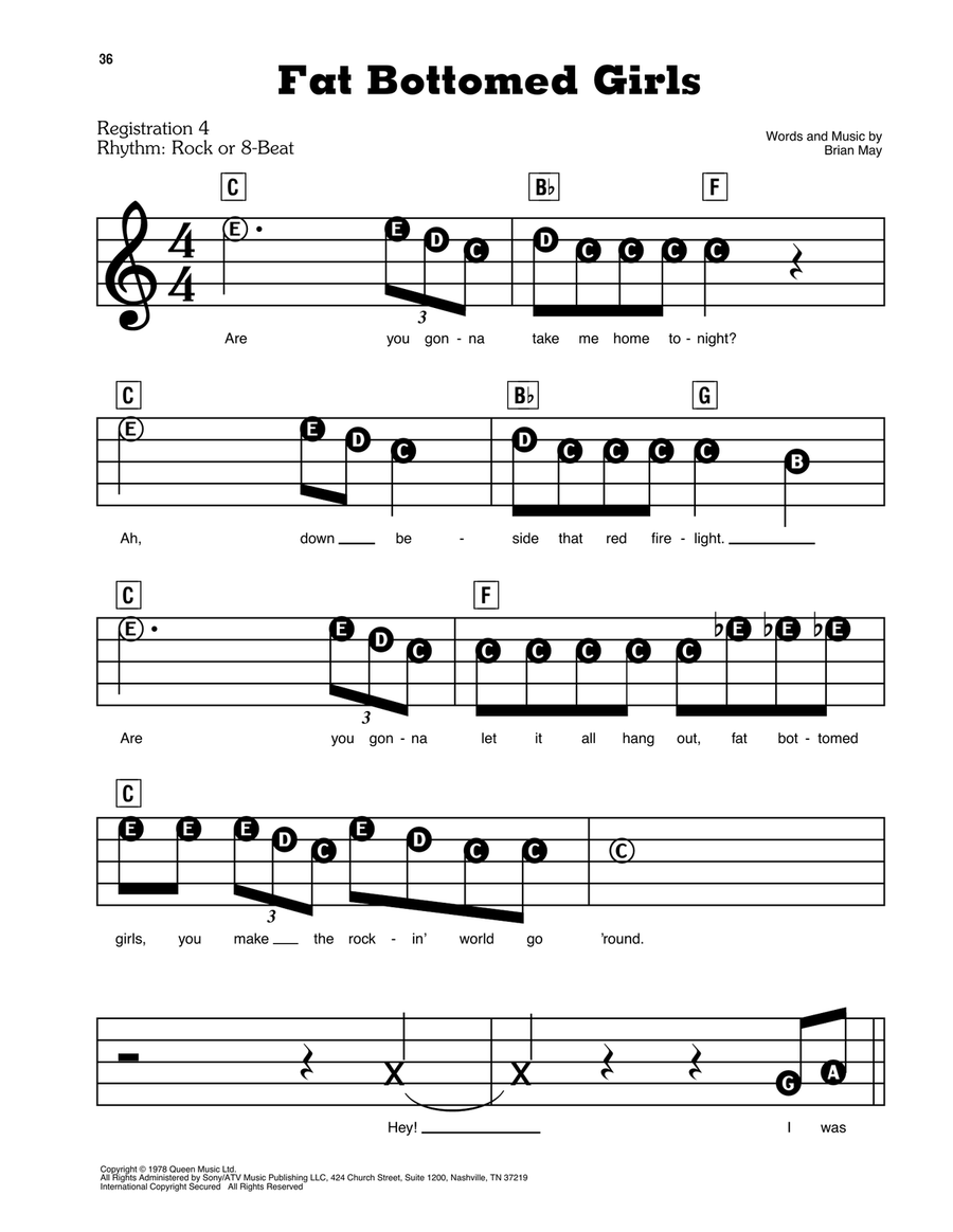 Fat Bottomed Girls Electronic Keyboard scores gallery preview page 1