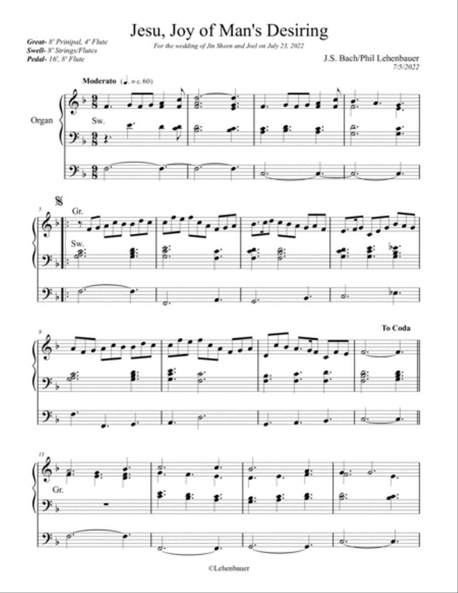 Jesu, Joy of Man's Desiring, organ work by J.S. Bach, arranged by Phil Lehenbauer Organ Solo scores gallery preview page 2