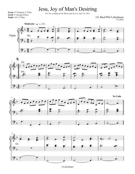 Jesu, Joy of Man's Desiring, organ work by J.S. Bach, arranged by Phil Lehenbauer image number null