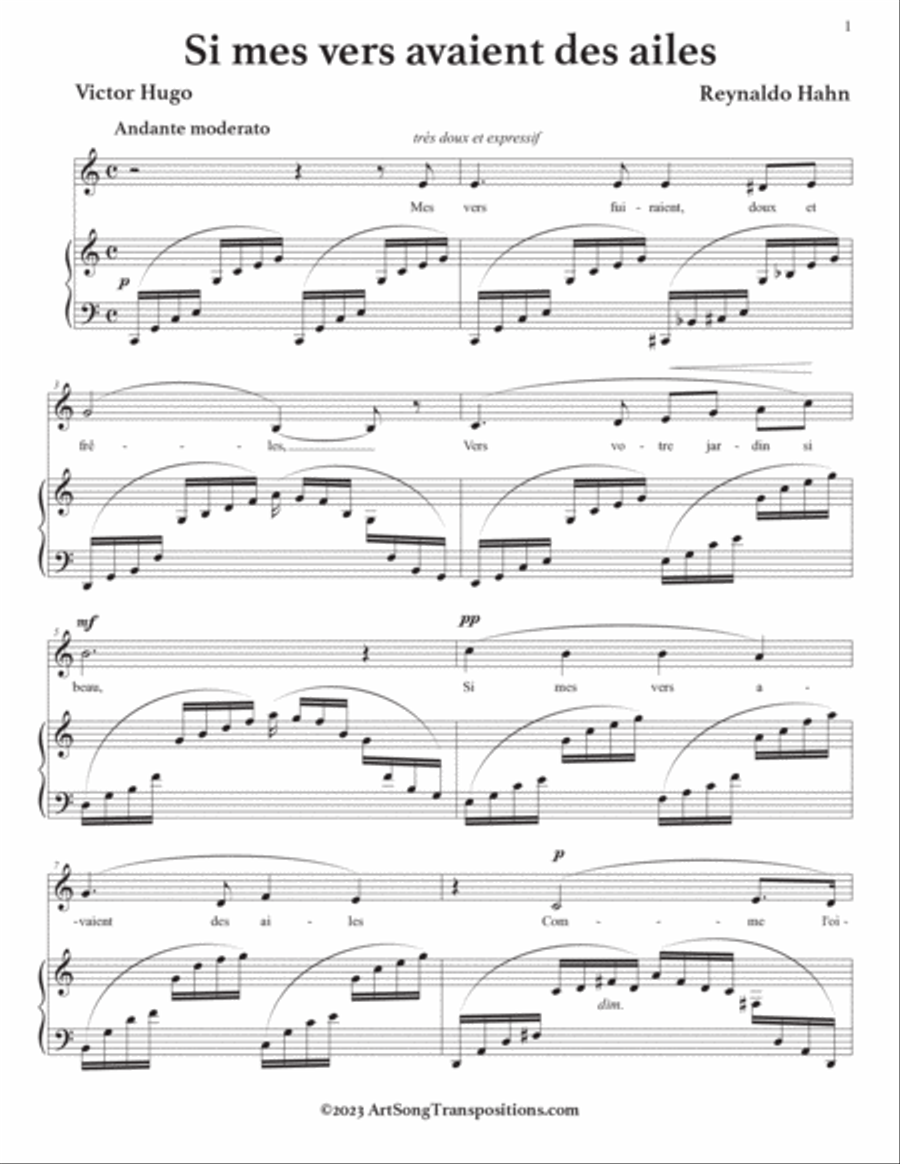 HAHN: Si mes vers avaient des ailes (transposed to C major and B major) Voice scores gallery preview page 2