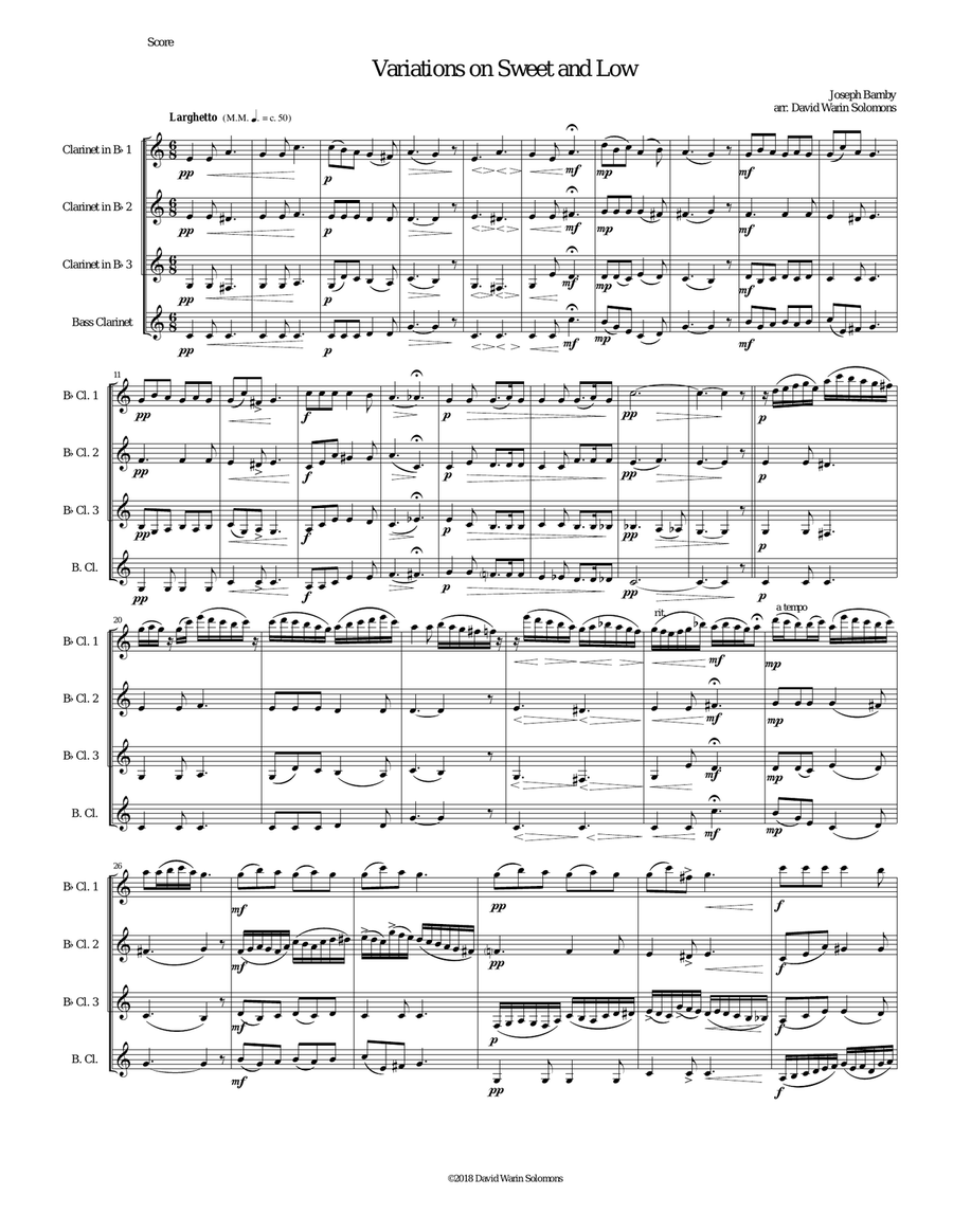 Variations on Joseph Barnby’s Sweet and Low for clarinet quartet Clarinet Quartet scores gallery preview page 1