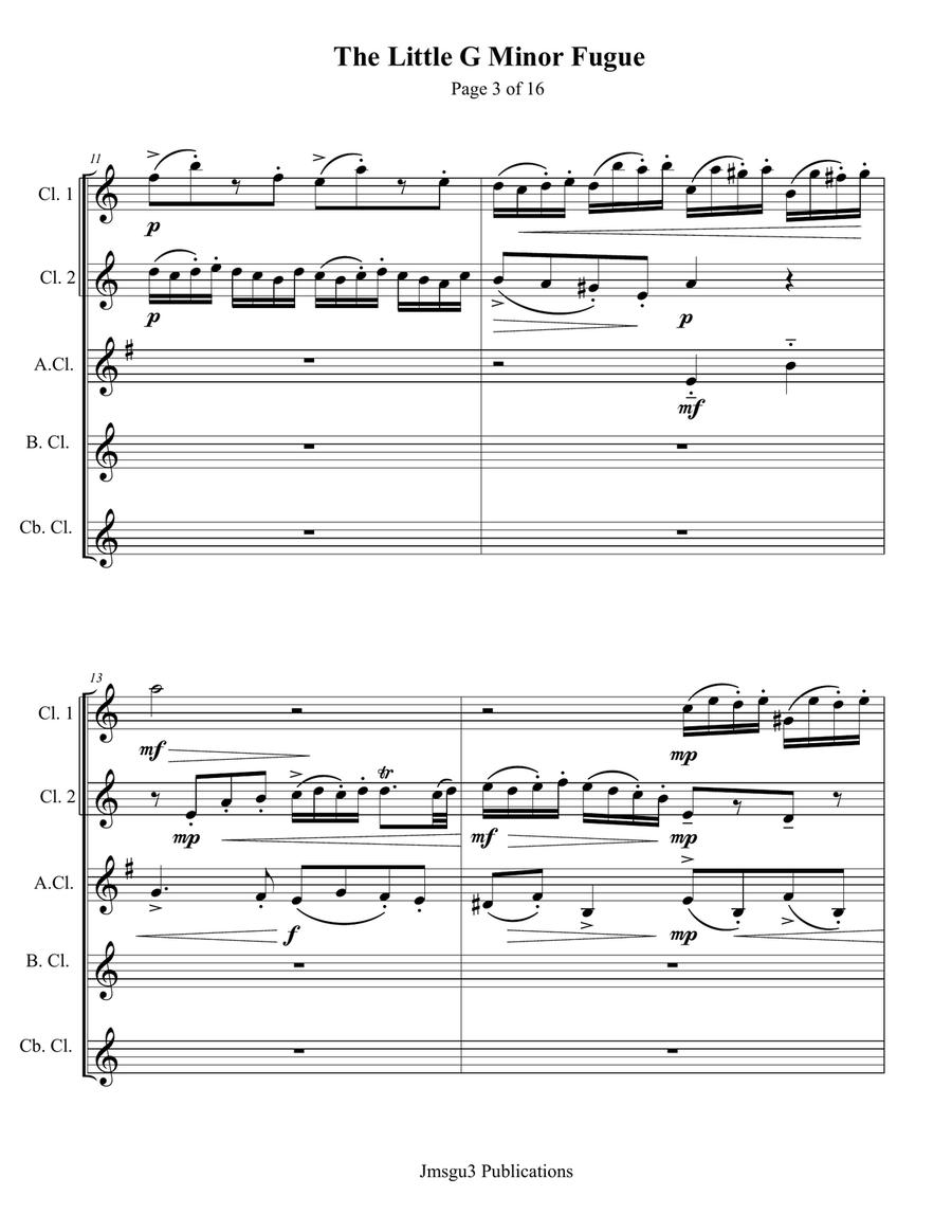 Bach: The Little G Minor Fugue BWV 578 for Clarinet Quintet Clarinet Quintet scores gallery preview page 3
