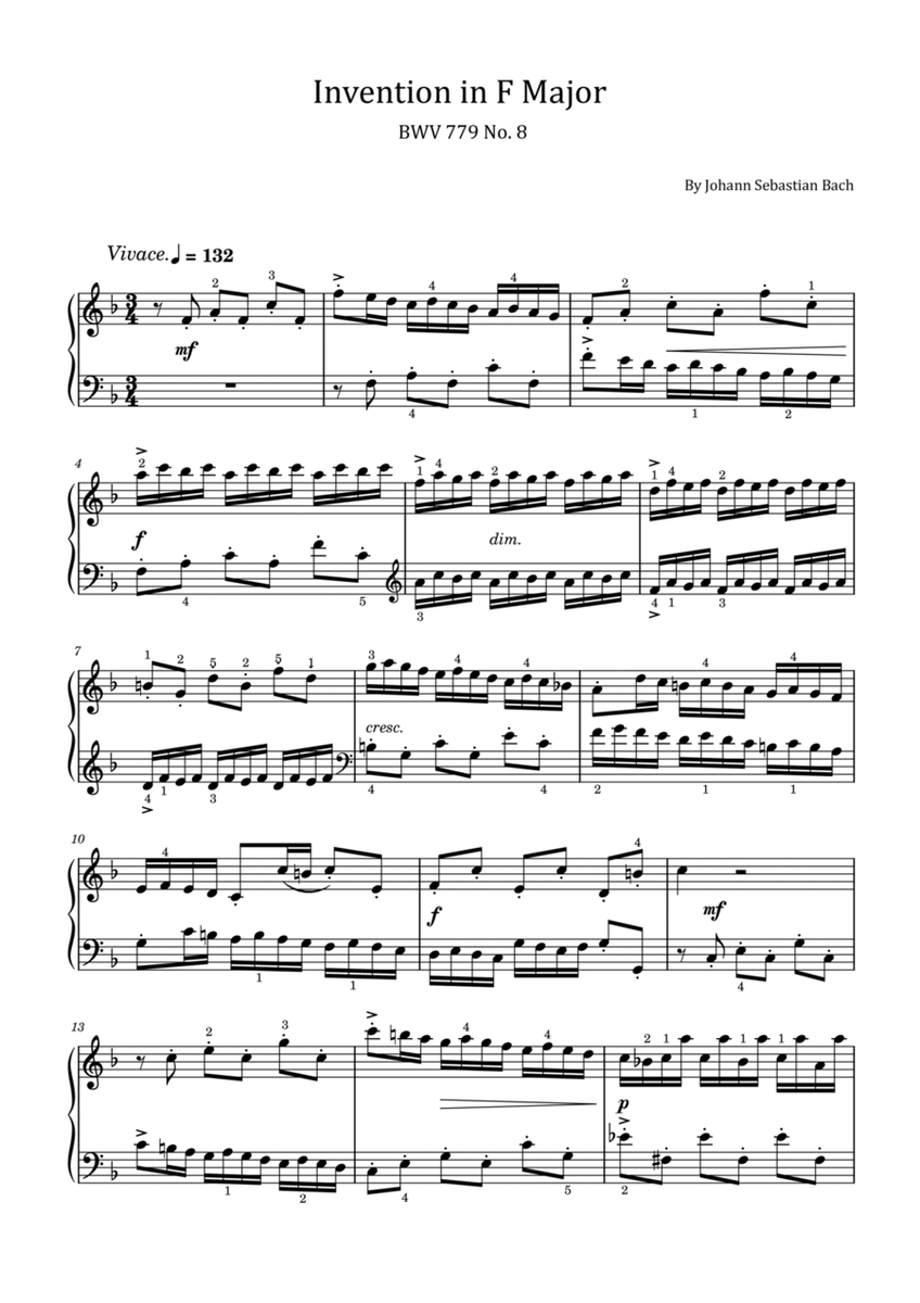 Bach - Invention No.8 in F Major, BWV 779 - Original With Fingered For Piano Solo image number null