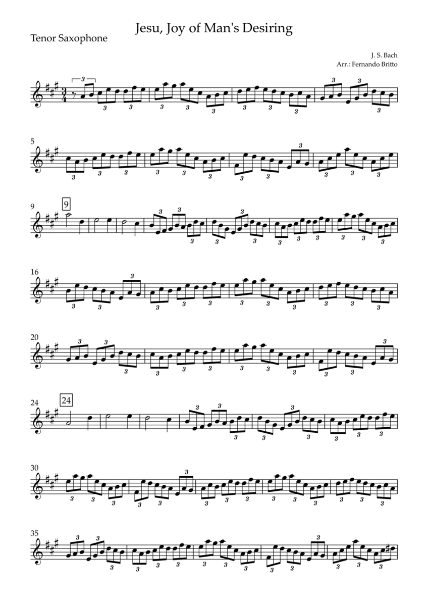 Jesu, Joy of Man's Desiring (J. S. Bach) for Tenor Saxophone Solo