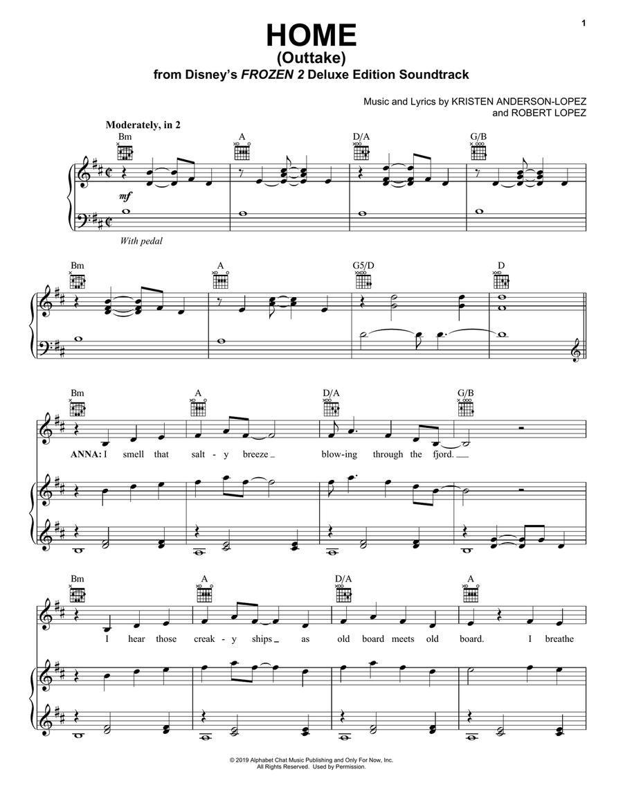Home - Outtake (from Disney's Frozen 2) Piano, Vocal, Guitar scores gallery preview page 1