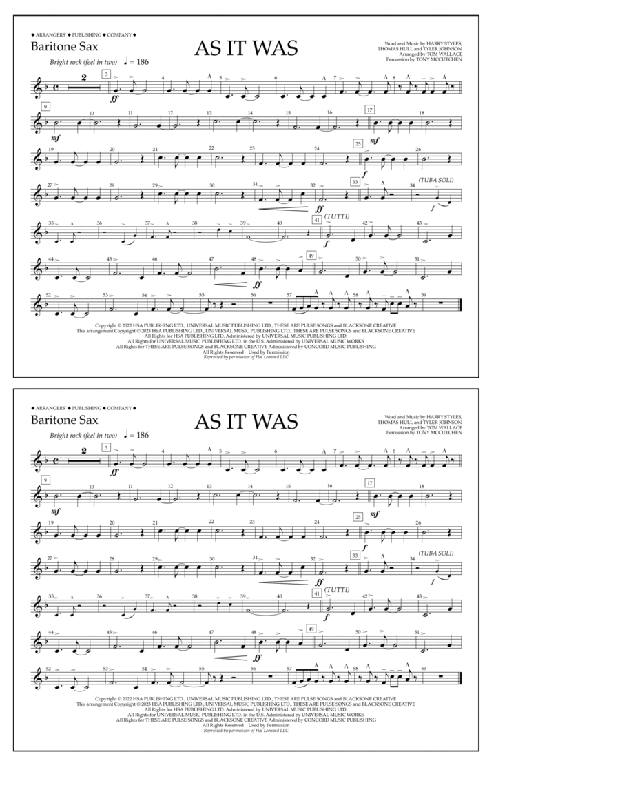 As It Was (arr. Tom Wallace) - Baritone Sax