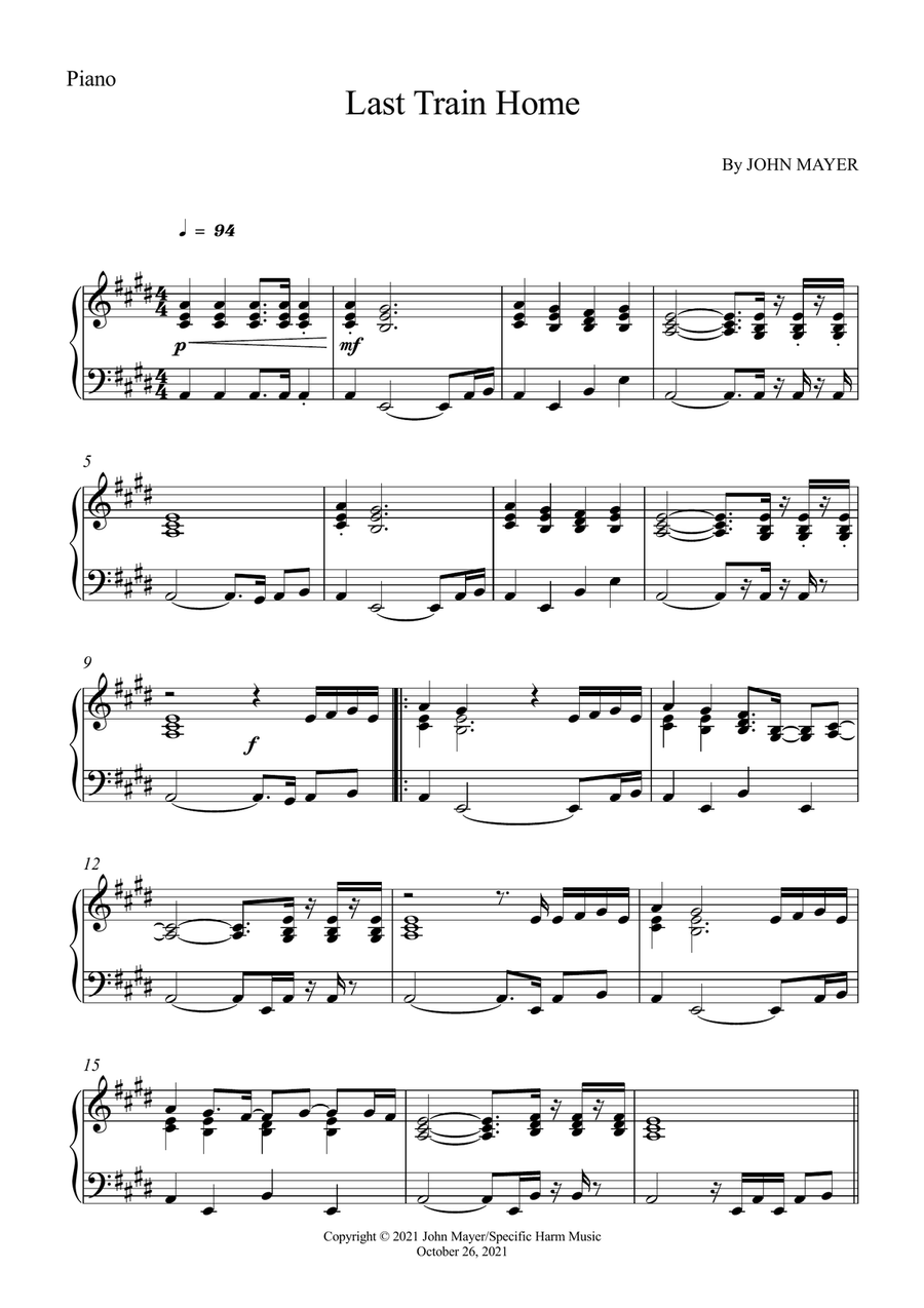 Last Train Home by John Mayer Piano Solo - Digital Sheet Music