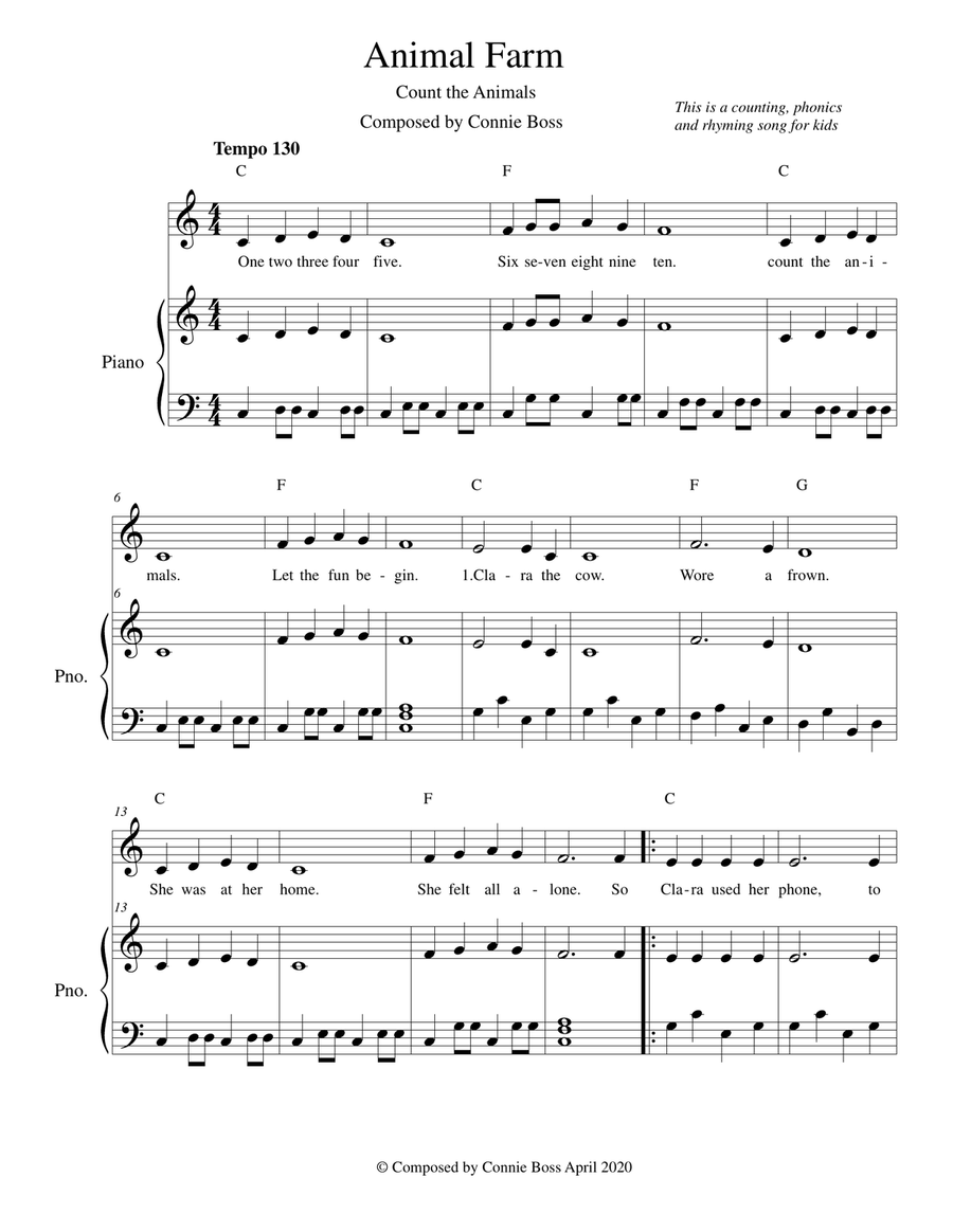 Animal Farm - Count the Animals - fun kid song - solo and piano Piano, Vocal scores gallery preview page 1