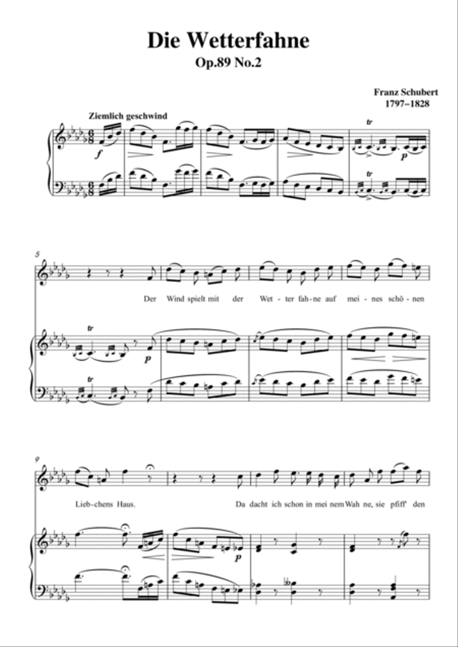 Schubert-Die Wetterfahne in bB minor,Op.89,No.2,for Vocal and Piano Voice scores gallery preview page 2