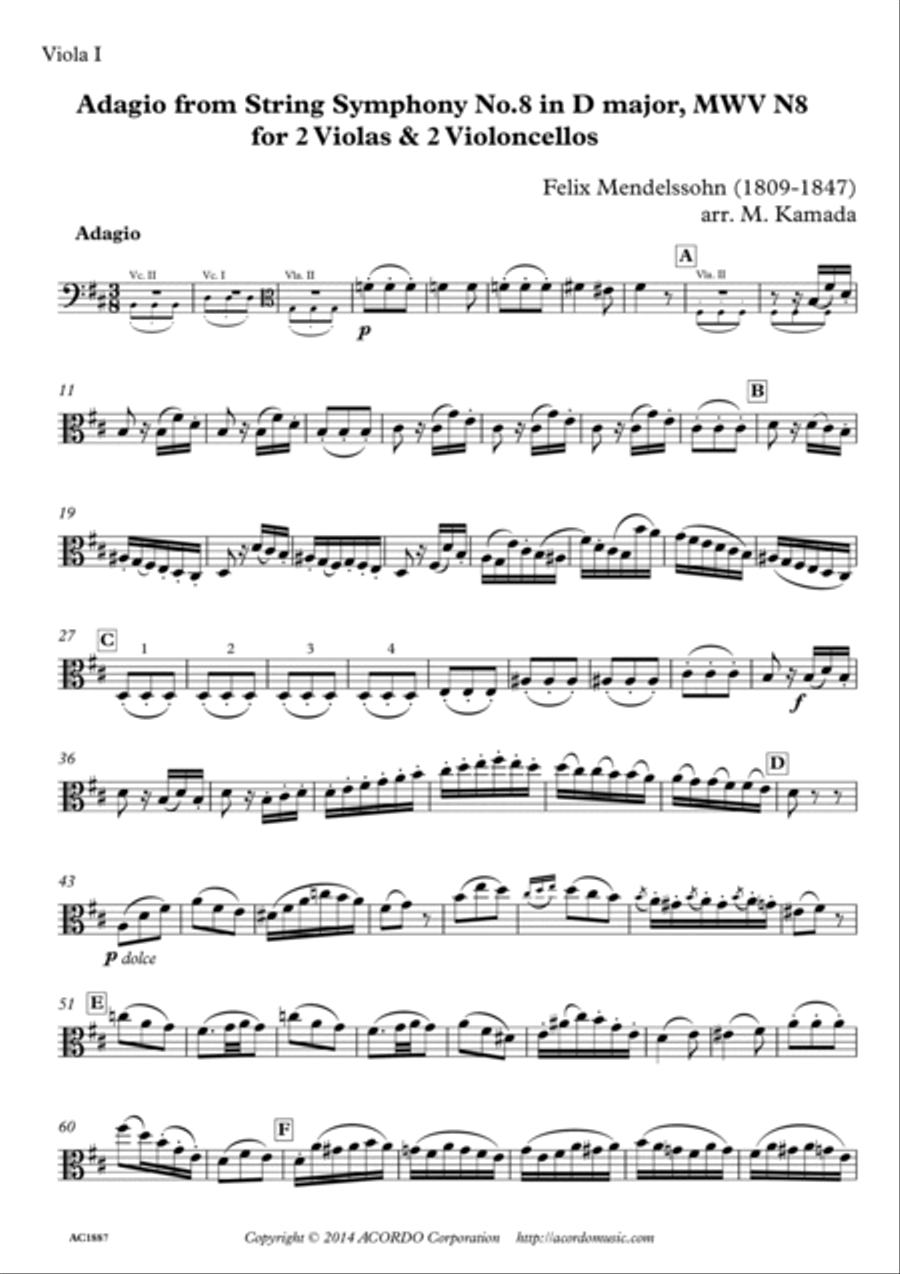 Adagio from String Symphony No.8 in D major, MWV N8 for 2 Violas & 2 Violoncellos String Duet scores gallery preview page 5