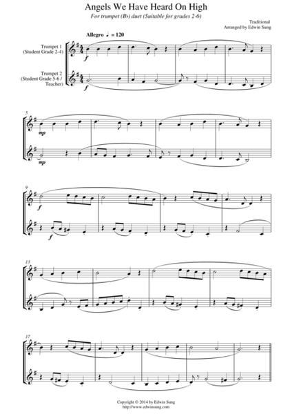 Angels We Have Heard On High (for trumpet (Bb) duet, suitable for grades 2-6) image number null