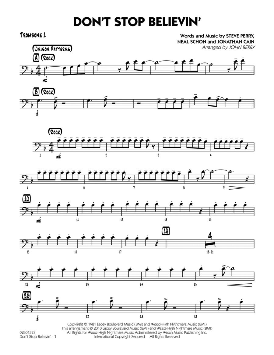Don't Stop Believin' - Trombone 1 Jazz Ensemble scores gallery preview page 1