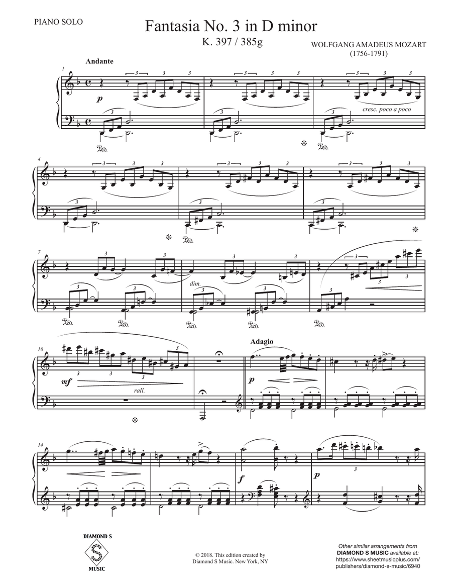 FANTASIA No. 3 in D minor K.397 by WOLFGANG AMADEUS MOZART. PIANO SOLO Piano Solo scores gallery preview page 4