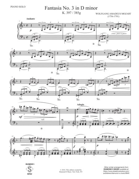 FANTASIA No. 3 in D minor K.397 by WOLFGANG AMADEUS MOZART. PIANO SOLO image number null