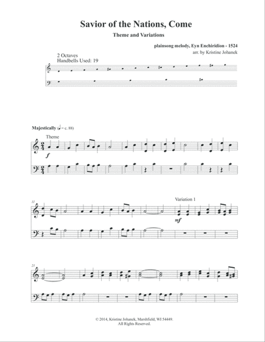 Savior of the Nations, Come (2 octave handbells, tone chimes or hand chimes) 2-Octaves scores gallery preview page 2