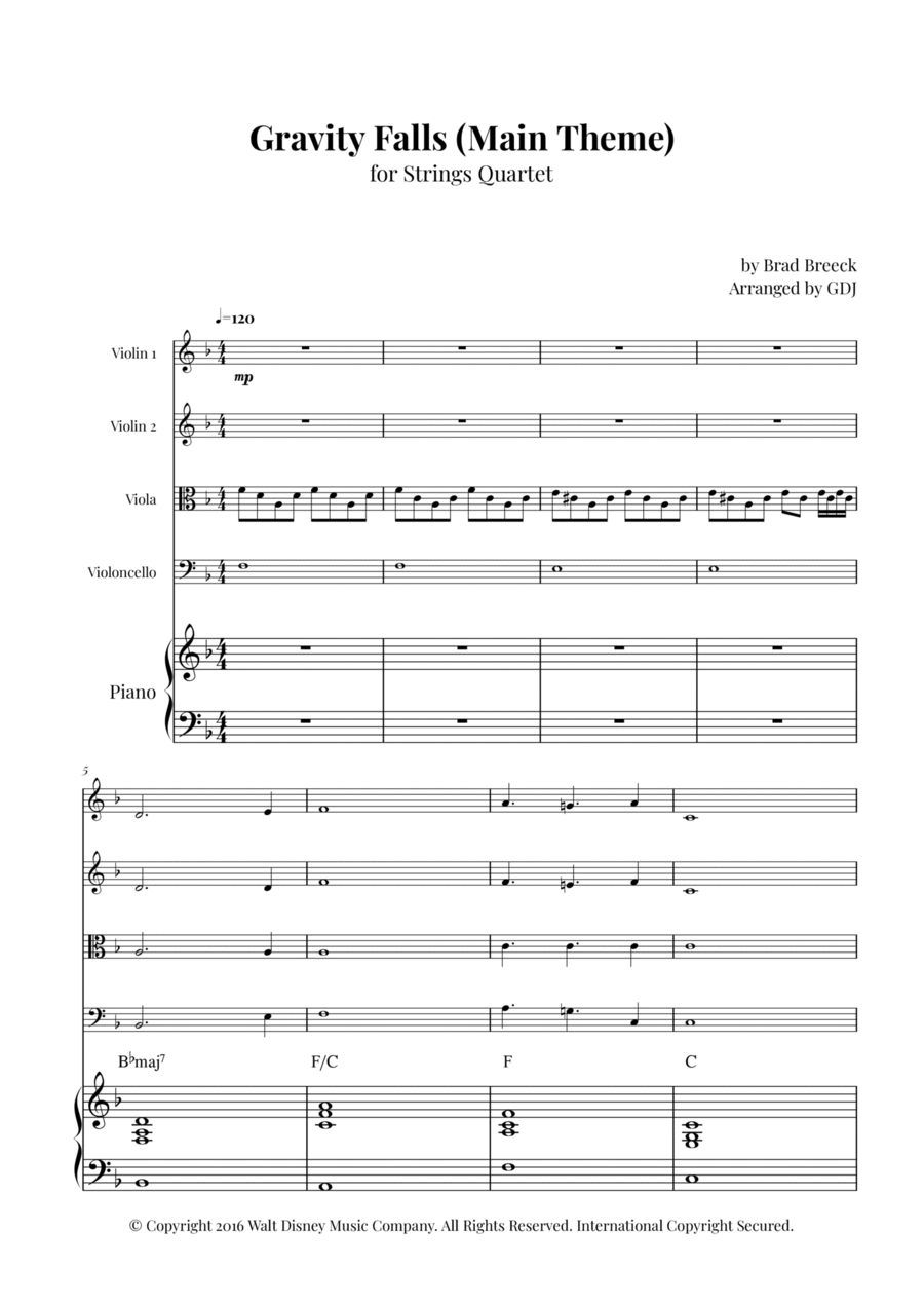 Gravity Falls (main Theme) String Quartet scores gallery preview page 1