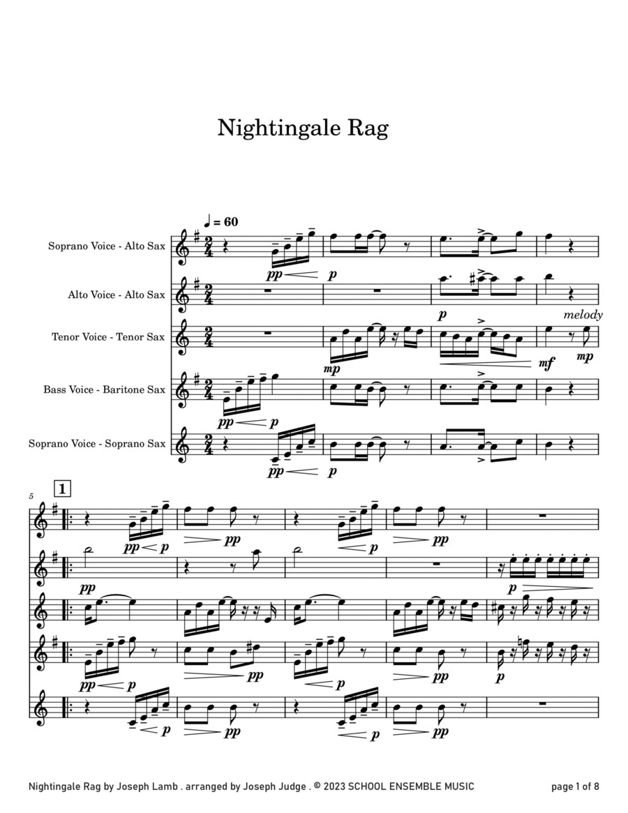 Nightingale Rag by Joseph Lamb for Saxophone Quartet in Schools Saxophone Quartet scores gallery preview page 1
