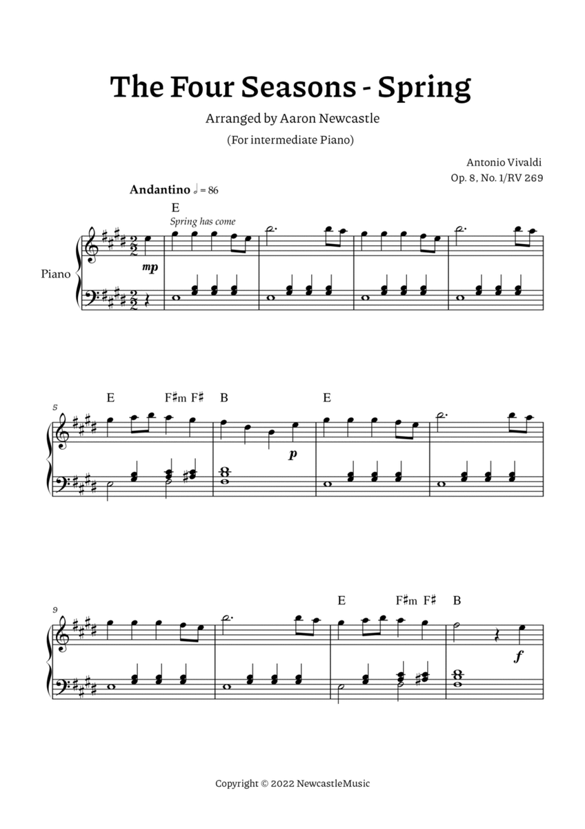 Vivaldi, Spring (The Four Seasons) — Intermediate Piano | Chord Symbol — Sheet Music image number null