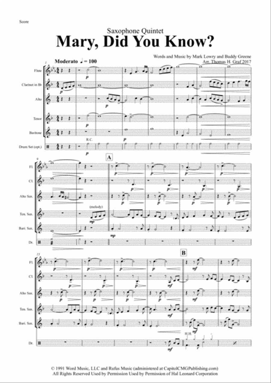 Mary, Did You Know? Saxophone Quintet scores gallery preview page 1