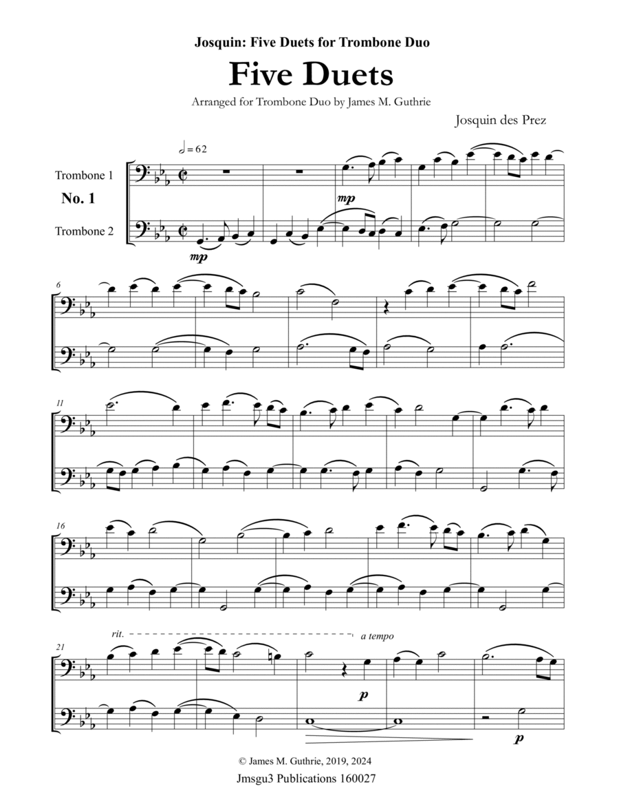 Josquin: Five Duets for Trombone Duo image number null