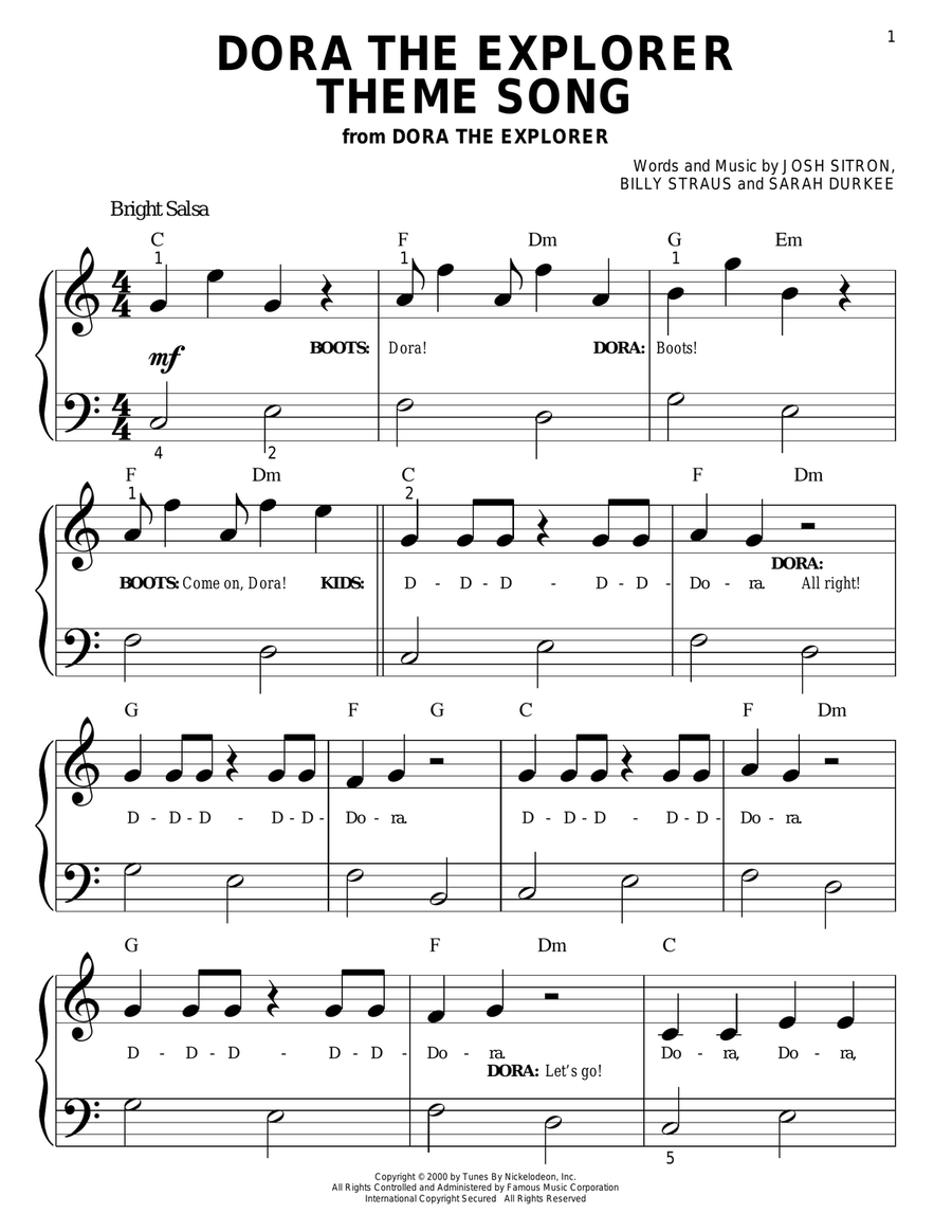 Dora The Explorer Theme Song Easy Piano scores gallery preview page 1