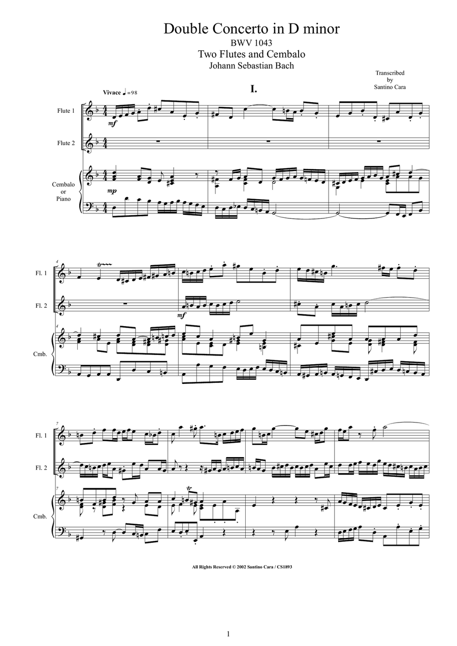 Bach - Double Concerto in D minor BWV1043 for Two Flutes and Cembalo or Piano Flute Duet scores gallery preview page 1