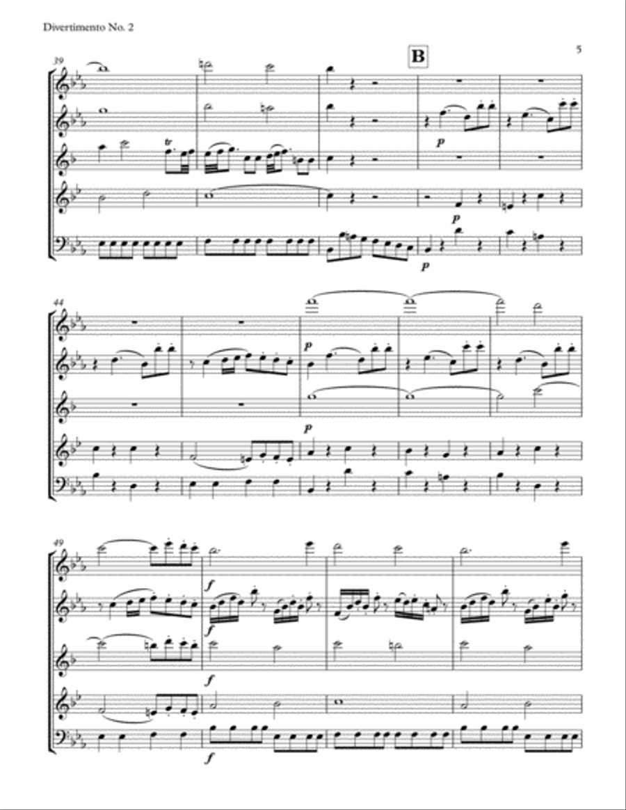 Mozart: Divertimento No. 2 in D Major (in E-flat for Woodwind Quintet) Woodwind Quintet scores gallery preview page 5